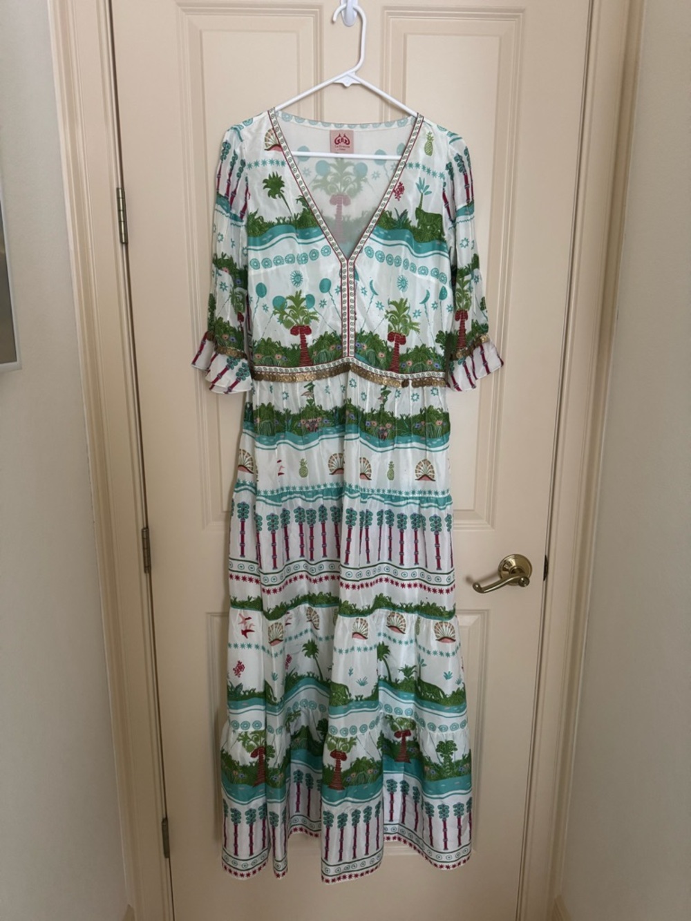 Le Sirenuse Positano Printed V-Neck Maxi silk Dress with coin embellishment M
